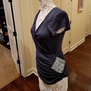 Ruched Dark Grey Bling Tee with silver bling -M